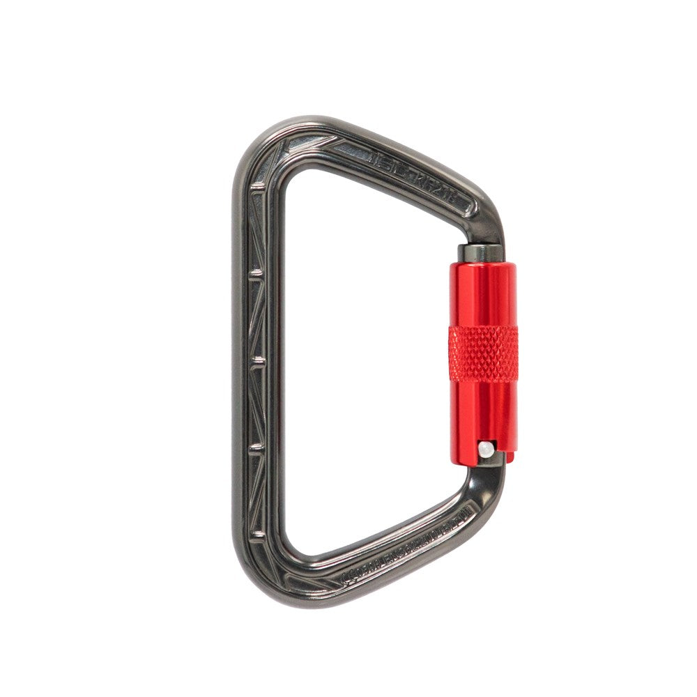 a metal carabiner with a red locking mechanism. The carabiner has a D-shaped design