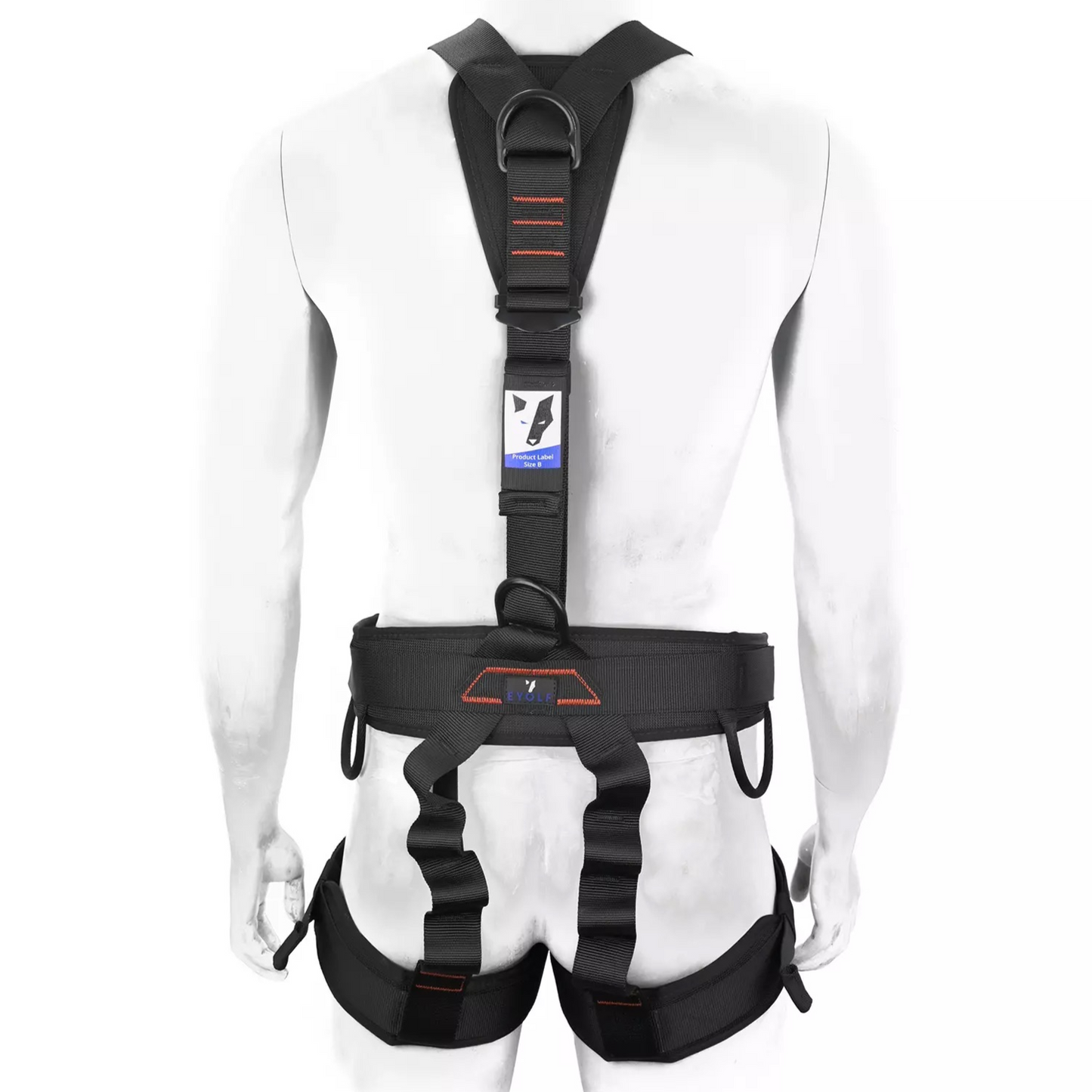 A back view of the Cyclone Zipline Harness by Eyolf, showcased on a mannequin, with a sleek black design accented by orange details, equipped with multiple adjustable straps and padding for adventure park activities.