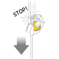 A drawing of a sudden movement (fall, slide, uncontrolled descent...), the fall arrester locks on the rope and stops the user.