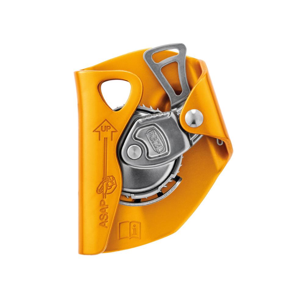 The Petzl ASAP mobile fall arrester, shown in a bright orange color with metallic elements, designed for moving along a rope to provide a quick stop in case of a fall or sudden movement