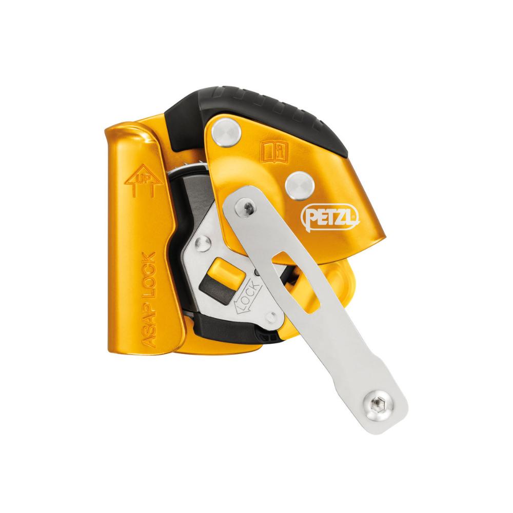 The Petzl ASAP LOCK fall arrester, featuring a bright yellow casing with a silver locking arm, engineered to lock onto the rope automatically in the event of a fall