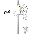 A drawing of In the event of a sudden movement (fall, slide, uncontrolled descent...), the fall arrester locks on the rope and stops the user.
