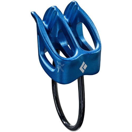 A blue Black Diamond ATC-XP belay device with a black belay loop, designed for rock climbing to assist with rope control