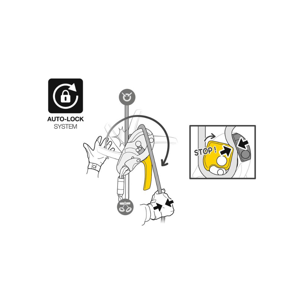 The AUTO-LOCK system allows users to easily position themselves at a workstation without having to manipulate the handle or tie off the device: as soon as the user releases the handle, the rope is automatically locked in the device.