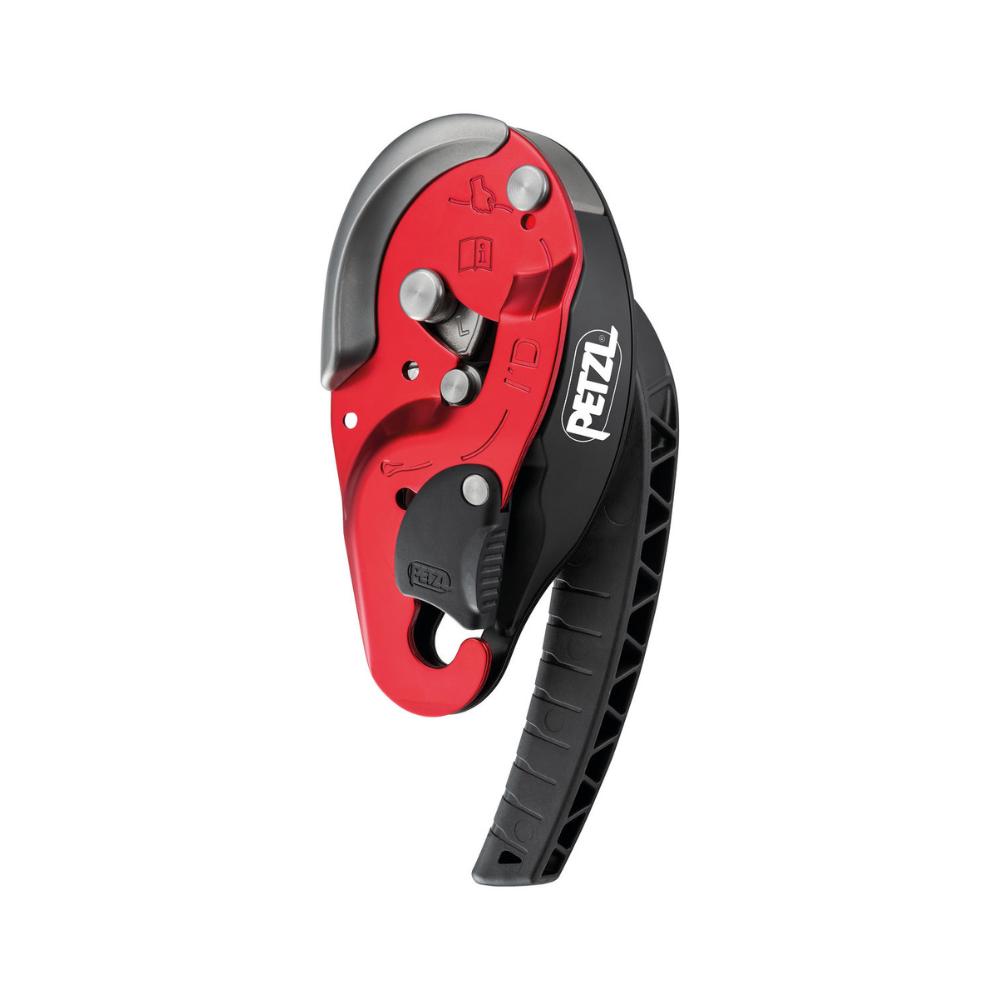 The Petzl ID'L descender, in a striking red and black design, featuring an ergonomic handle and an anti-panic function, used for controlled descents and belaying in technical rescue and industrial work access.