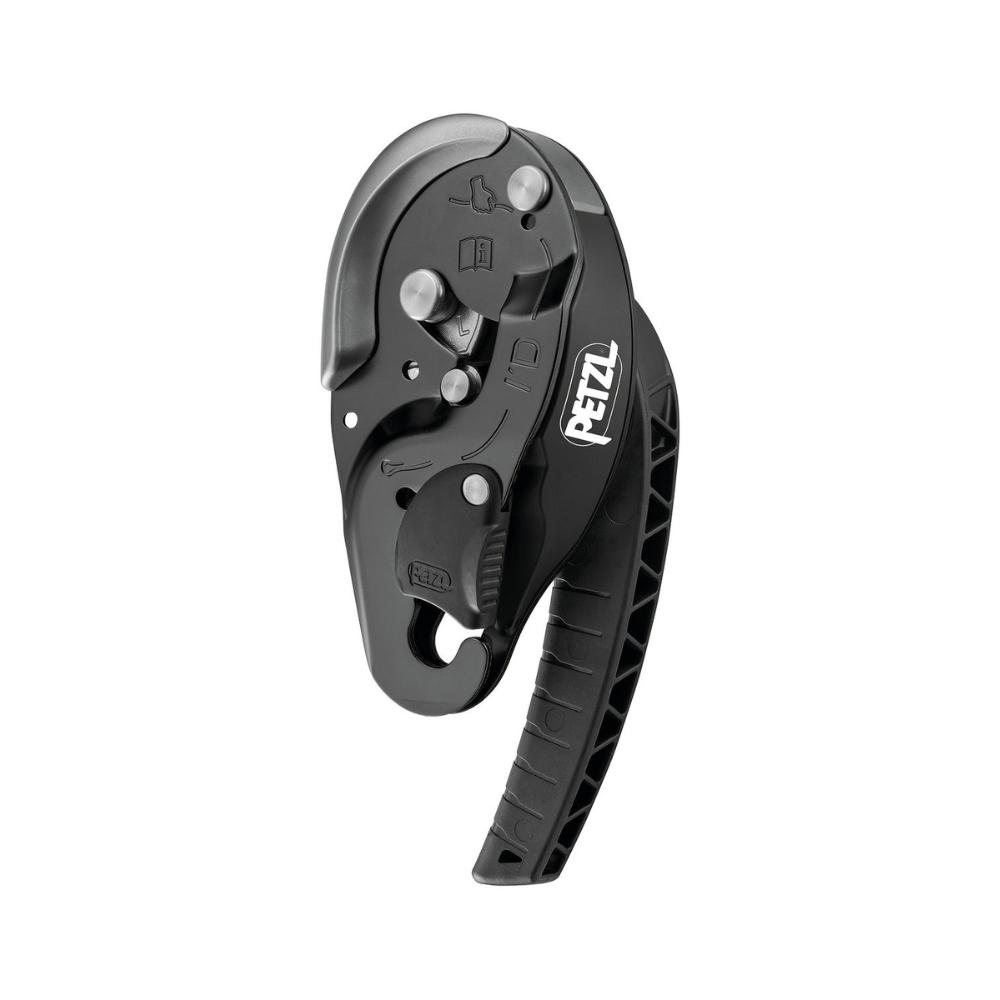 The Petzl ID'L descender, in a black design, featuring an ergonomic handle and an anti-panic function, used for controlled descents and belaying in technical rescue and industrial work access