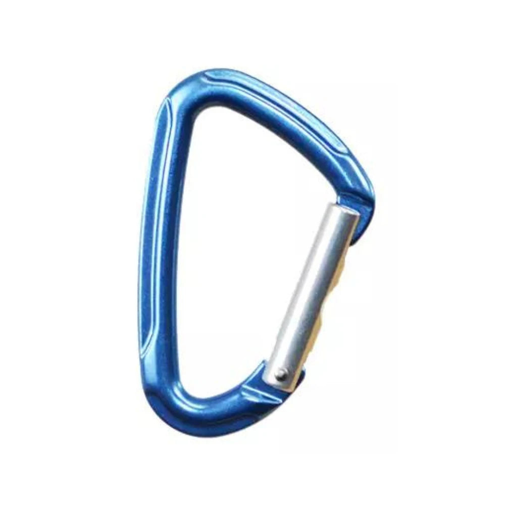 a blue carabiner with a silver non-locking gate