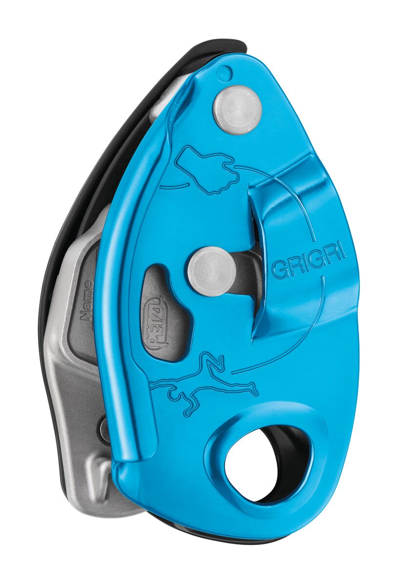 The Petzl GriGri belay device, featuring a sleek black and blue design with a built-in locking mechanism.