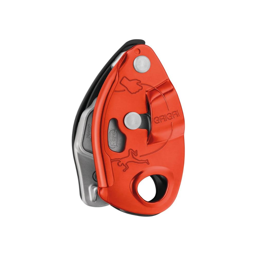 The Petzl GriGri belay device, featuring a sleek black and red design with a built-in locking mechanism.