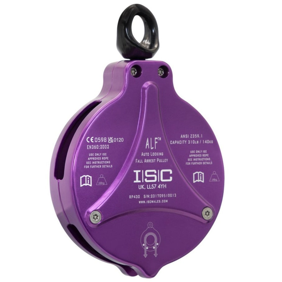 The ISC ALF Climb Assist Pulley in purple, designed for use in challenge courses and rope access, featuring a durable casing.
