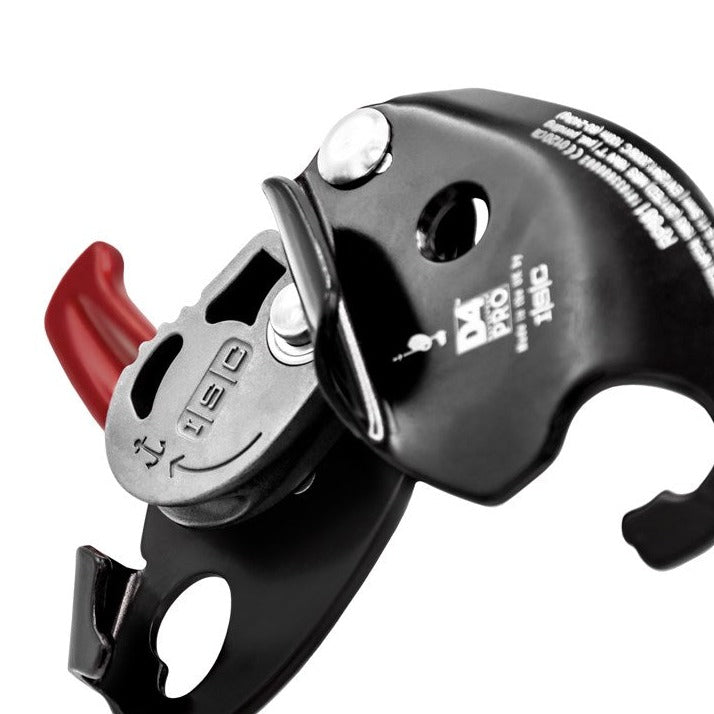 Close-up of the ISC D4 Pro Work Rescue Descender in black with a red handle, designed for professional rescue and work-at-height operations, emphasizing its robust build and precision control features.