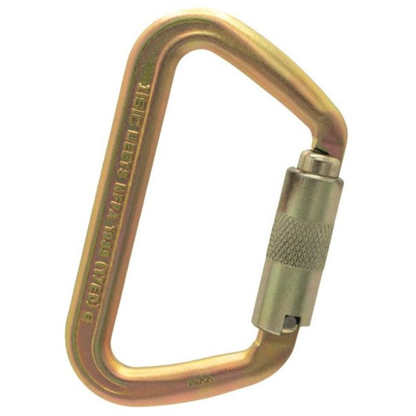 The ISC Iron Wizard Carabiner, displaying a gold-colored finish, designed for heavy-duty use in safety-critical systems such as climbing and industrial rigging.
