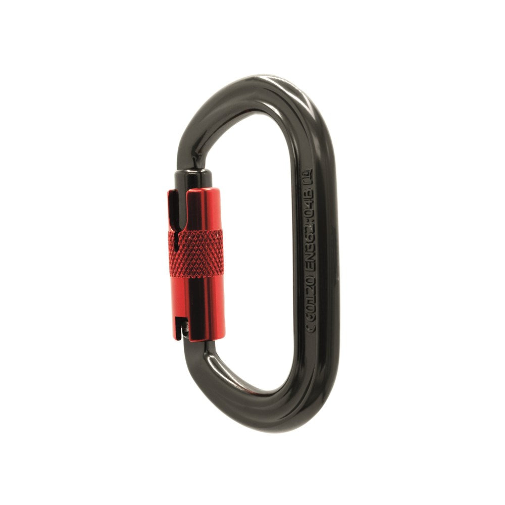 ISC Offset Oval Carabiner featuring a sleek black body with a contrasting red gate.