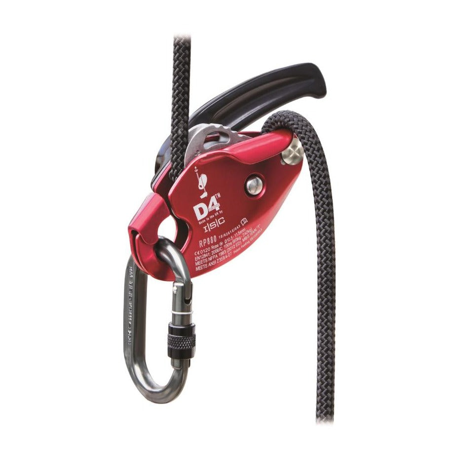 ISC D4 Work Rescue Descender in red, connected to a rope and a locking carabiner, designed for controlled descents in rescue and work-at-height situations.