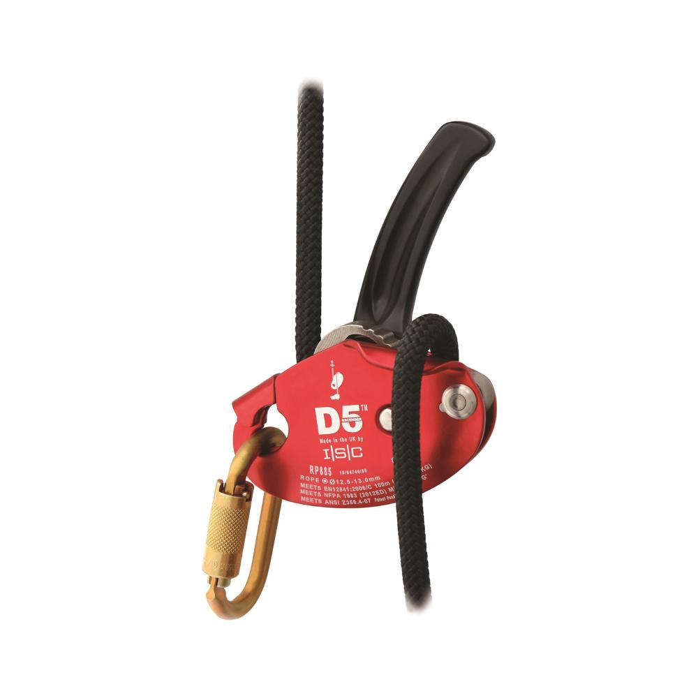 The ISC D5 Work Rescue Descender, in red, with a black handle and a gold-tone carabiner, designed for smooth and reliable descent control in work access and rescue scenarios, featuring a sturdy construction and safety lock mechanism.