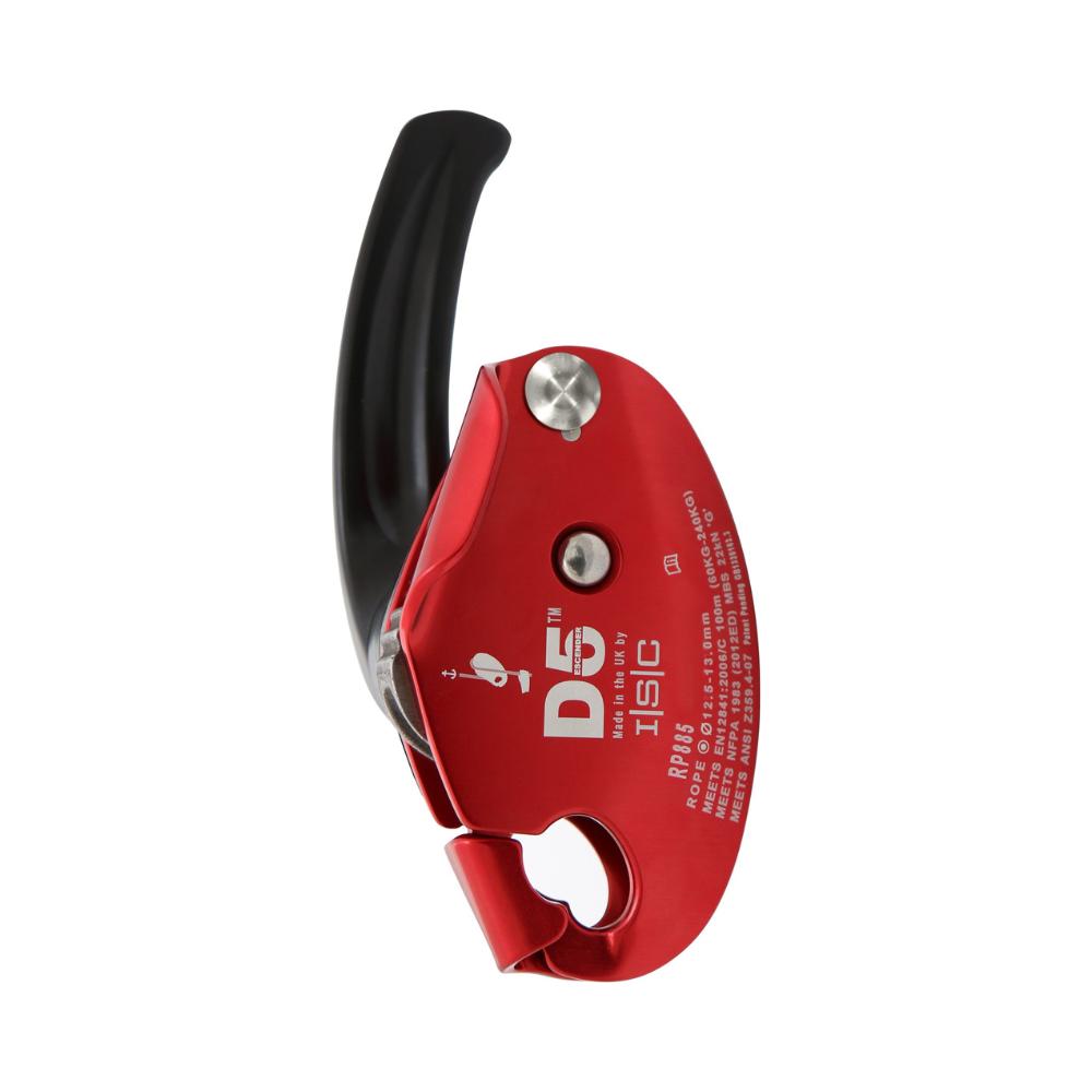 The ISC D5 Work Rescue Descender, in red, with a black handle, designed for smooth and reliable descent control in work access and rescue scenarios, featuring a sturdy construction and safety lock mechanism.