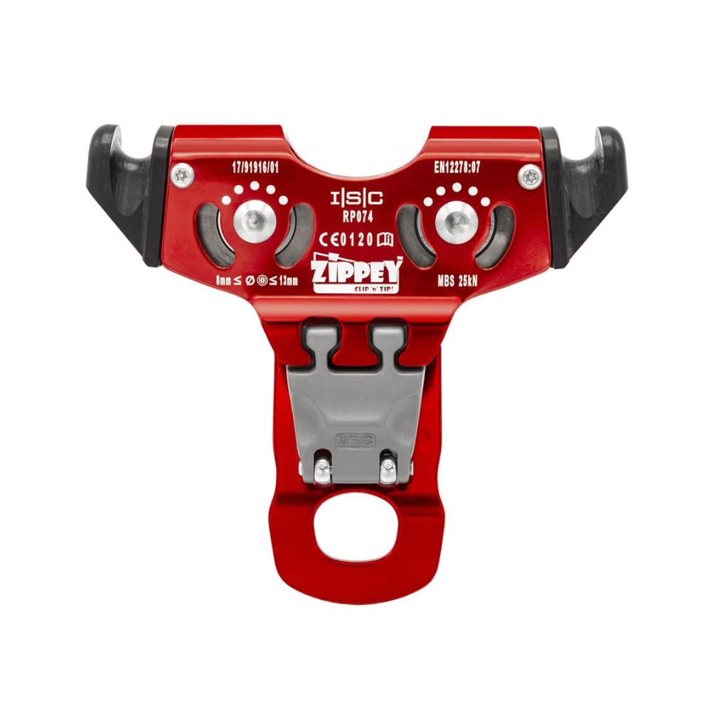 An ISC Zippey Clip 'n Zip Trolley with hooksattached to a zip line cable, with a robust red casing and dual pulleys, designed for smooth and efficient travel on zip lines in adventure parks