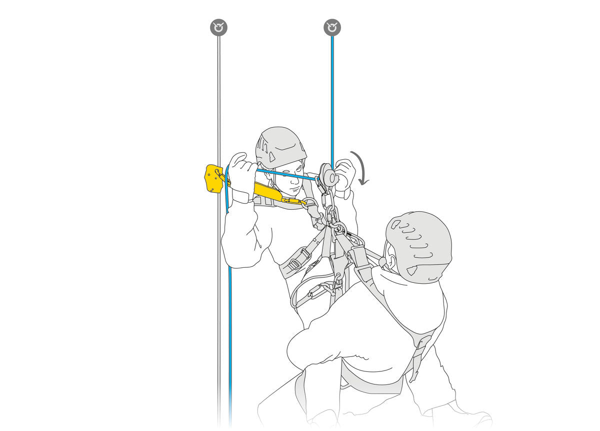 A drawing showing The ASAP’SORBER AXESS can be used for loads up to 250 kg in two-person rescue situations.