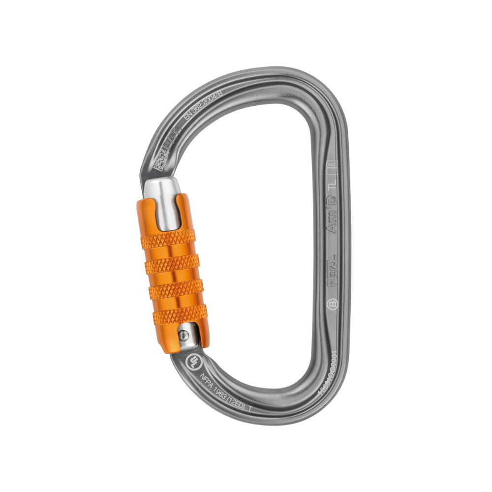 Silver carabiner with orange triaction gate