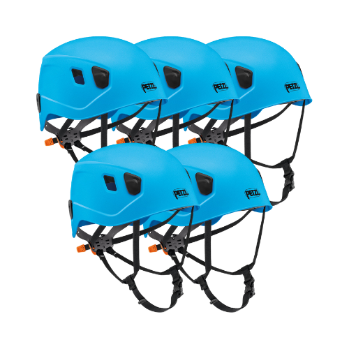 A group of five blue Petzl Panga helmets, featuring easily adjustable chinstraps and durable shells for head protection in outdoor adventure sports.