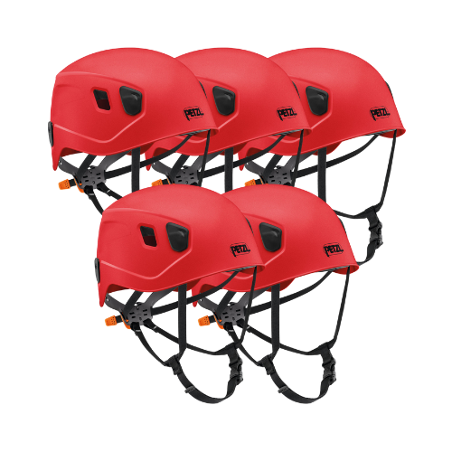 A group of five red Petzl Panga helmets, featuring easily adjustable chinstraps and durable shells for head protection in outdoor adventure sports.