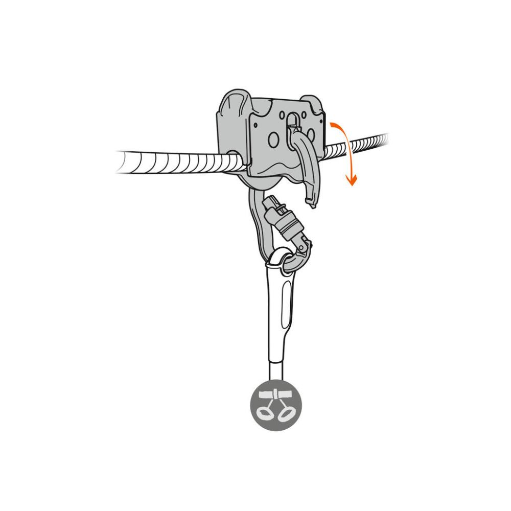The Petzl Trac Guide trolley drawing. showing how to attach the trolley on a zipline cable.