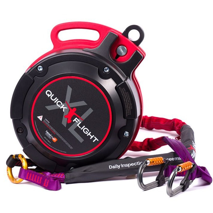 The QuickFlight XL Free Fall Device featuring a sturdy black and red casing, with an oversized design for enhanced performance, accompanied by a purple and red webbing lanyard for. adventure activities.