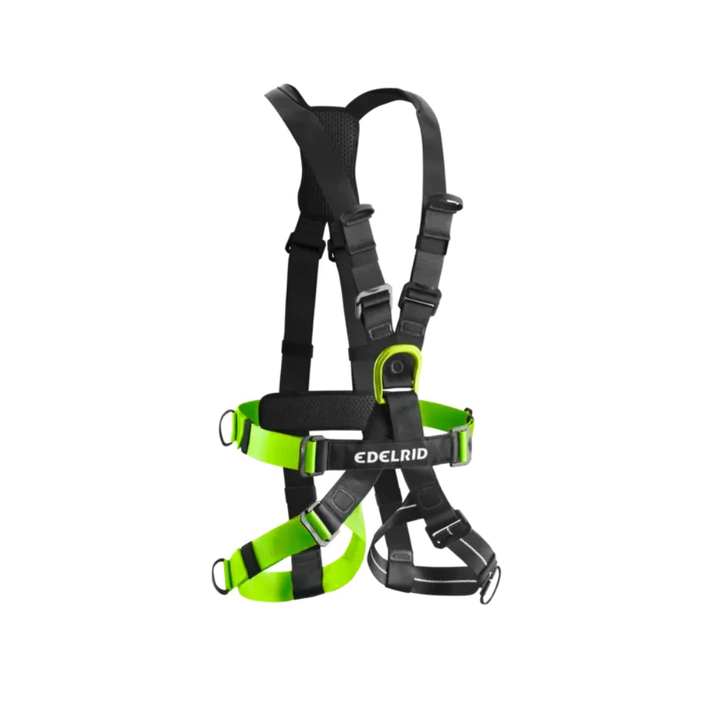 green and black EDELRID full-body harness with adjustable straps and metal D-rings for safety attachments.