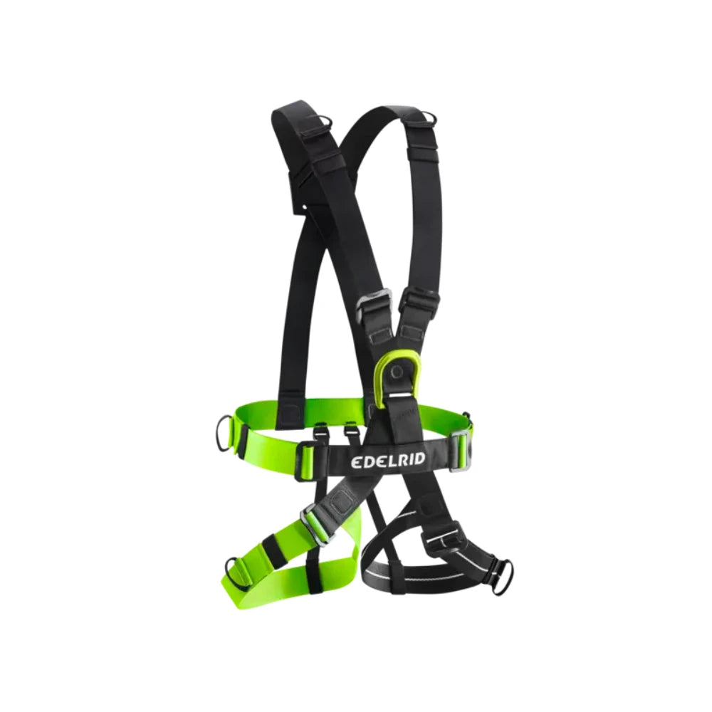 The image shows a green and black EDELRID full-body harness with adjustable straps and metal D-rings for safety attachments.