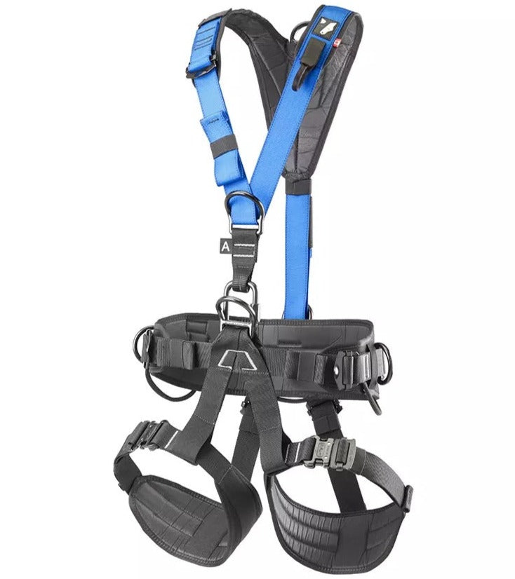A black and blue Viking Full Body Rope Access Harness by EYOLF, featuring adjustable shoulder, leg, and waist straps with secure buckle closures and padded support.