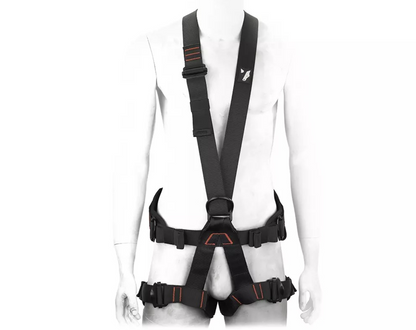 The Cyclone Zipline Harness by Eyolf, showcased on a mannequin, with a sleek black design accented by orange details, equipped with multiple adjustable straps and padding for adventure park activities.