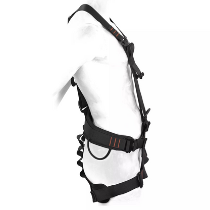 A side view of the Cyclone Zipline Harness by Eyolf, showcased on a mannequin, with a sleek black design accented by orange details, equipped with multiple adjustable straps and padding for adventure park activities. 