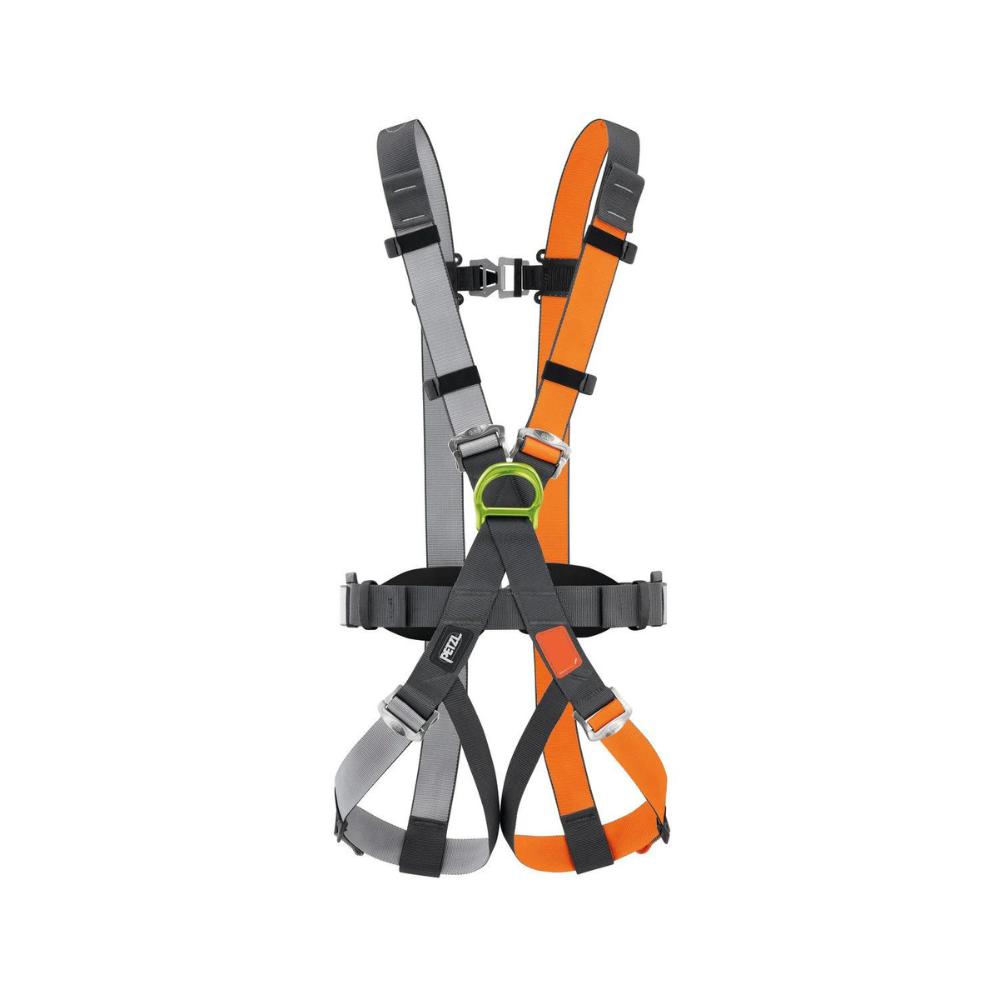 The image shows a PETZL full-body harness with adjustable straps, featuring a combination of gray and orange colors, and a green attachment point for secure connections.