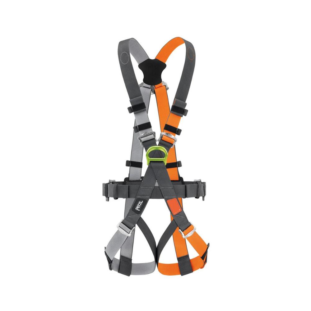 The image shows a PETZL full-body harness with adjustable gray and orange straps, featuring a green attachment point and black buckles for secure connections.