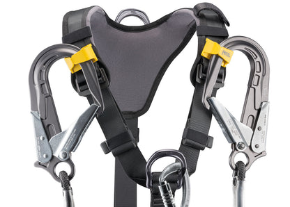 The Petzl AVAO BOD international version harness . The MGO connectors on fall arrest lanyards can be stowed on each shoulder strap.