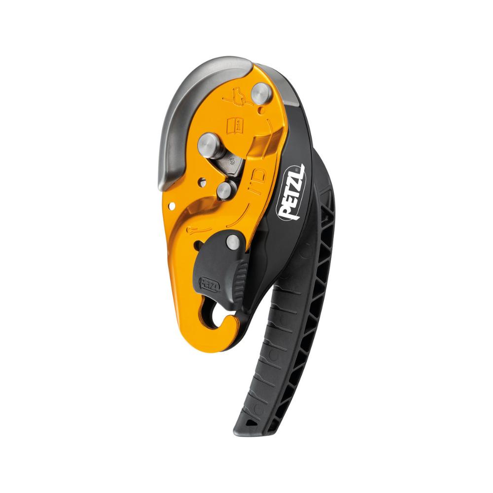 The Petzl ID'S descender, showcasing its vibrant yellow and black design, with a multi-functional handle and safety lock feature for efficient use in rope access and rescue missions