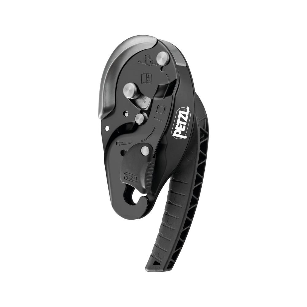 The Petzl ID'S descender, showcasing a black design, with a multi-functional handle and safety lock feature for efficient use in rope access and rescue missions