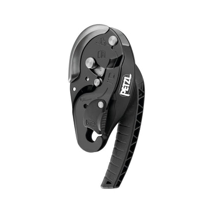 The Petzl ID'S descender, showcasing a black design, with a multi-functional handle and safety lock feature for efficient use in rope access and rescue missions