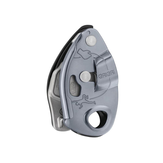 The Petzl GriGri belay device, featuring a sleek black and gray design with a built-in locking mechanism.