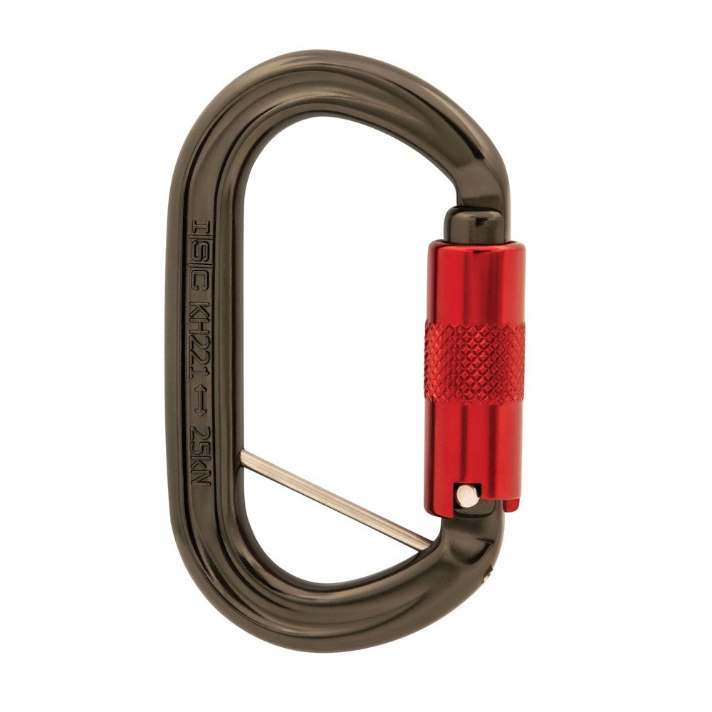 ISC Offset Oval Carabiner featuring a sleek black body with a contrasting red gate with Captive pin.