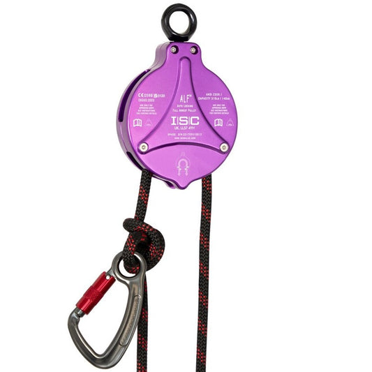 The ISC ALF Climb Assist Pulley in purple, designed for use in challenge courses and rope access, featuring a durable casing.