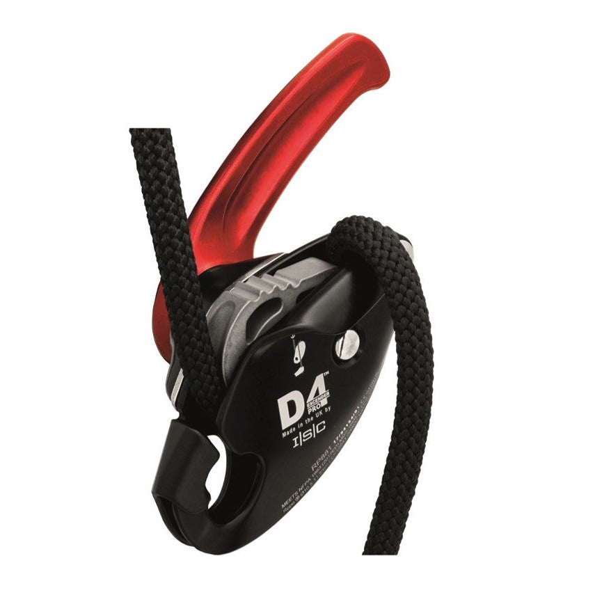 Close-up of the ISC D4 Pro Work Rescue Descender in black with a red handle, threading a black rope, designed for professional rescue and work-at-height operations, emphasizing its robust build and precision control features.
