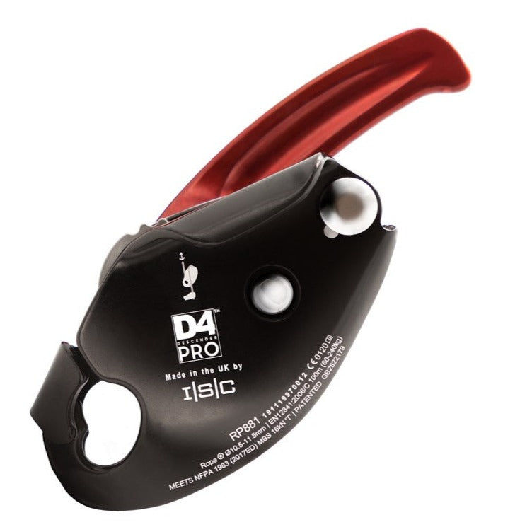 Close-up of the ISC D4 Pro Work Rescue Descender in black with a red handle, designed for professional rescue and work-at-height operations, emphasizing its robust build and precision control features.