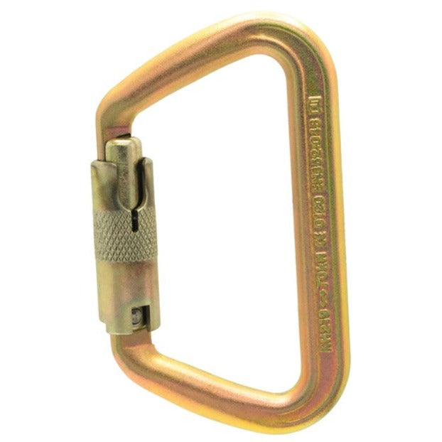 The ISC Iron Wizard Carabiner, displaying a gold-colored finish, designed for heavy-duty use in safety-critical systems such as climbing and industrial rigging.