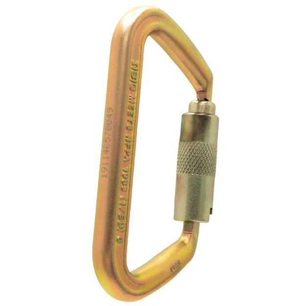 The ISC Iron Wizard Carabiner, displaying a gold-colored finish, designed for heavy-duty use in safety-critical systems such as climbing and industrial rigging.