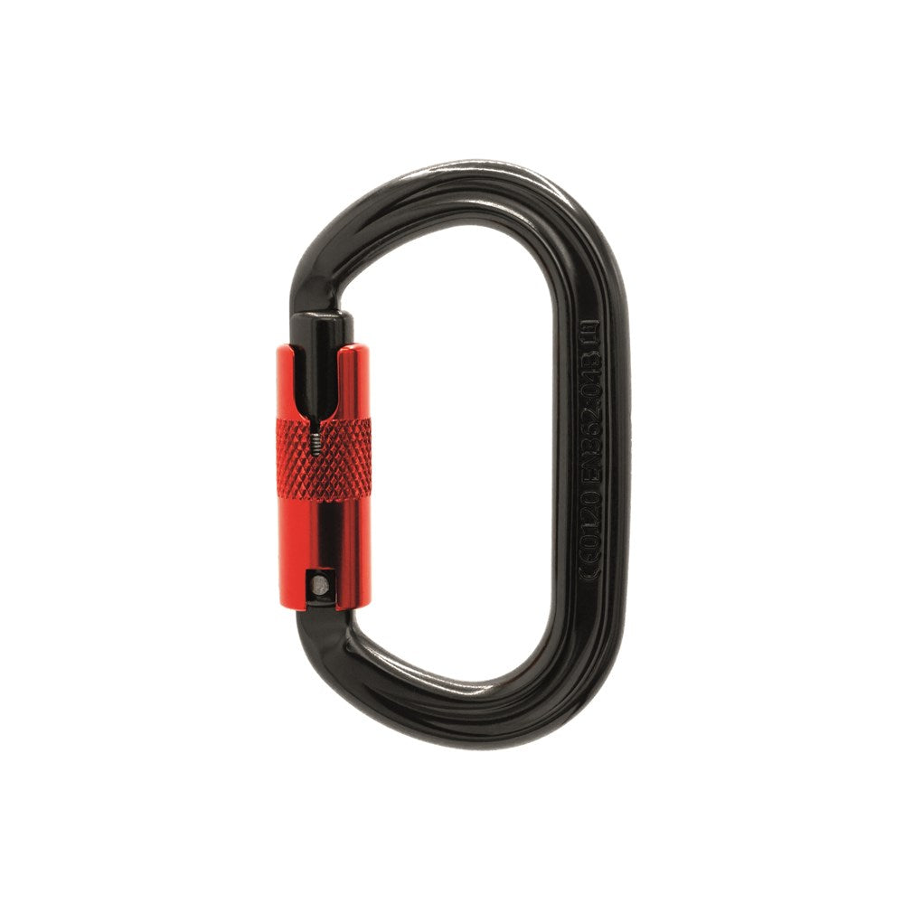 ISC Offset Oval Carabiner featuring a sleek black body with a contrasting red gate.