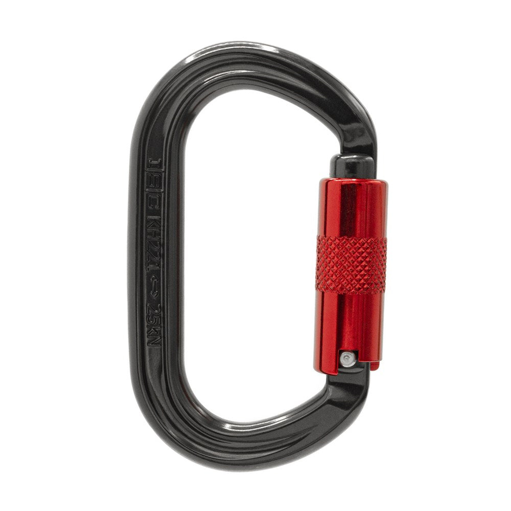 ISC Offset Oval Carabiner featuring a sleek black body with a contrasting red gate.
