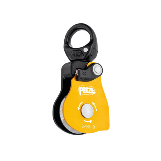The Petzl Spin L1D pulley, showcasing a vibrant yellow and black design, featuring an integrated swivel