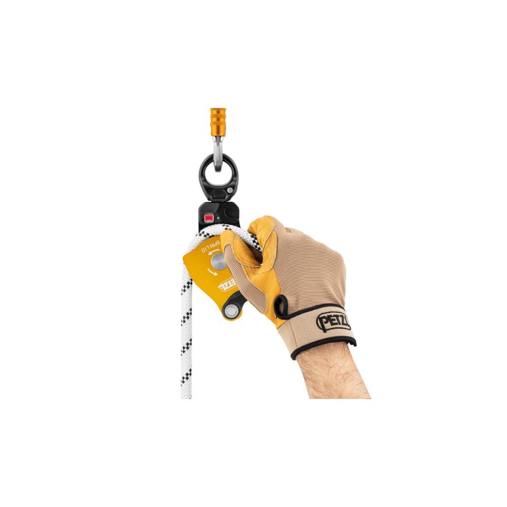 Climbing rope being loaded into the Petzl Spin L1D pulley