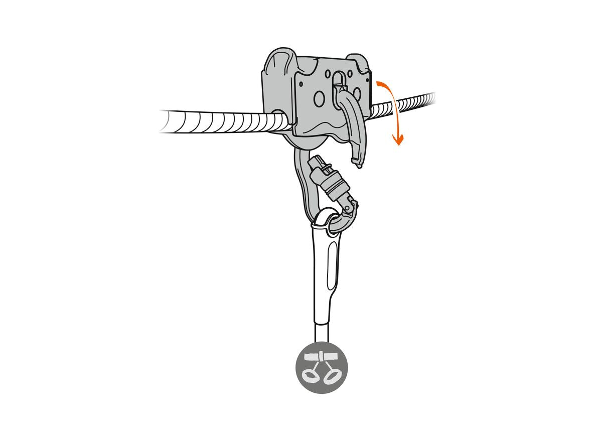 Because the system allows the carabiner to pivot, the Trac Guide LT remains in position on the cable when it makes contact with the end brake of the zipline.